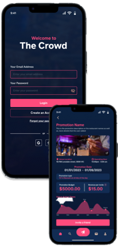 2 screens showing different views of the Crowd Mobile App